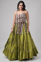 Green Art Silk Chaniya Choli with Kachchi Mirror Work