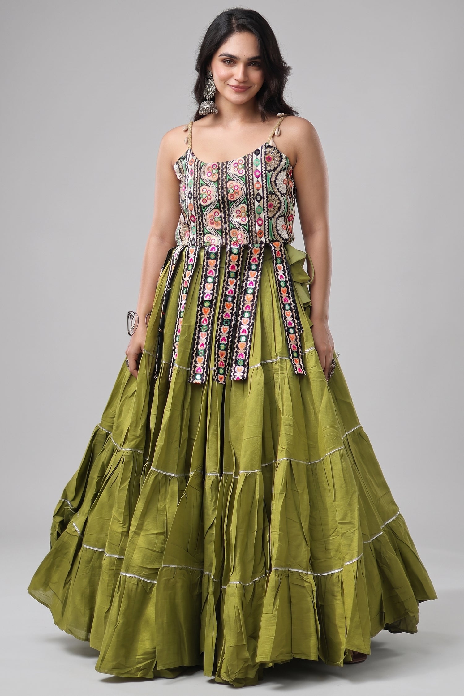 Green Art Silk Chaniya Choli with Kachchi Mirror Work