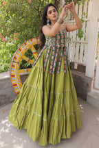Green Art Silk Chaniya Choli with Kachchi Mirror Work