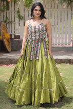 Green Art Silk Chaniya Choli with Kachchi Mirror Work