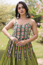 Green Art Silk Chaniya Choli with Kachchi Mirror Work