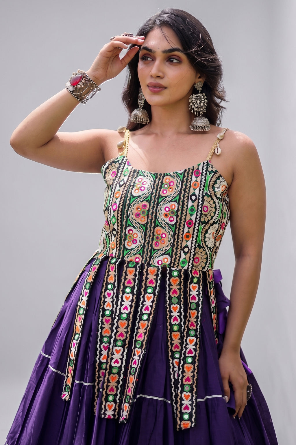 Purple Art Silk Chaniya Choli with Kachchi Mirror Work