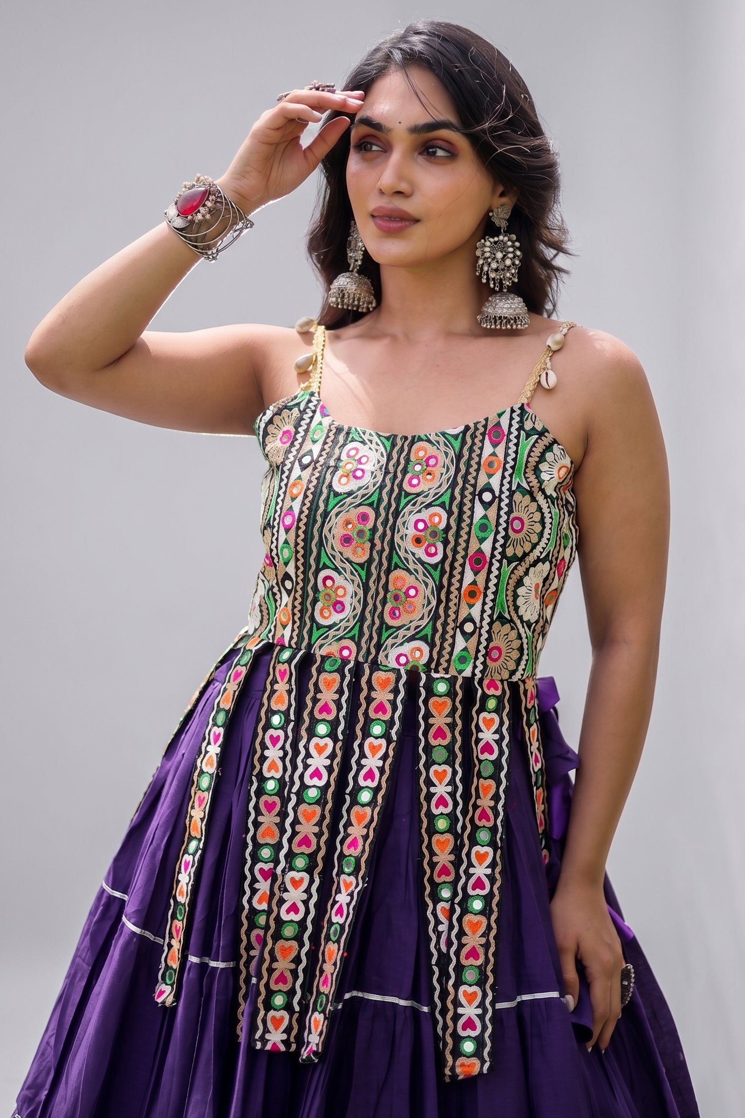 Purple Art Silk Chaniya Choli with Kachchi Mirror Work