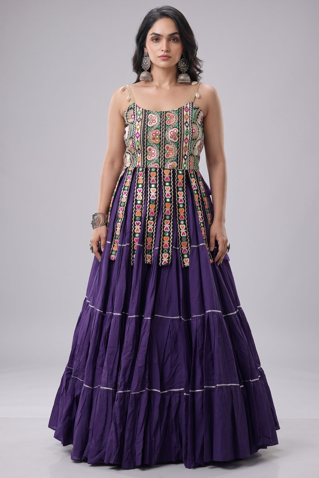 Purple Art Silk Chaniya Choli with Kachchi Mirror Work