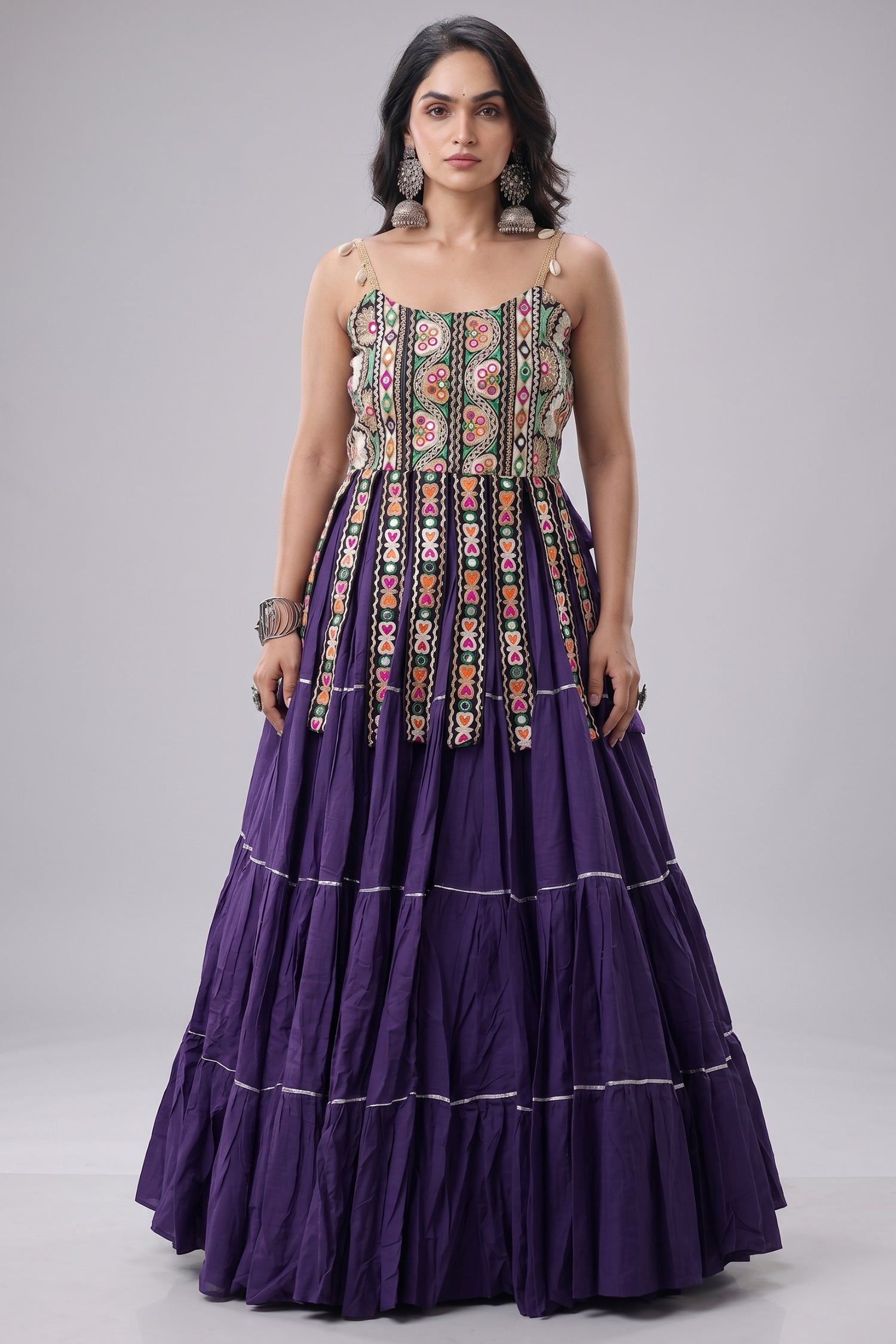 Purple Art Silk Chaniya Choli with Kachchi Mirror Work