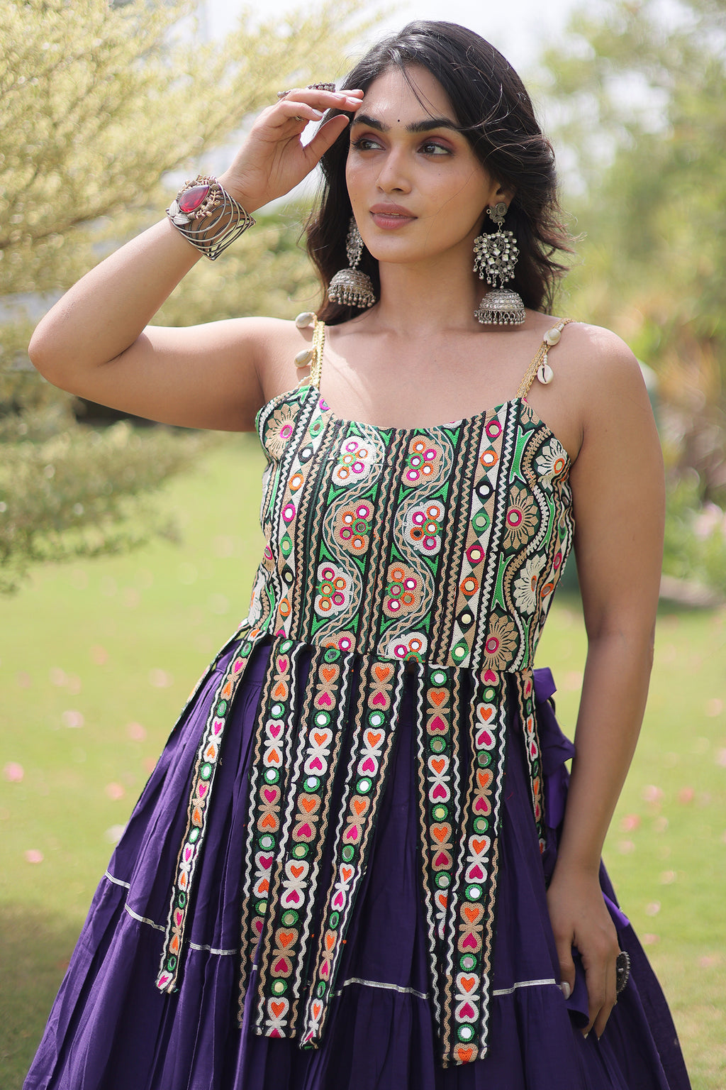 Purple Art Silk Chaniya Choli with Kachchi Mirror Work