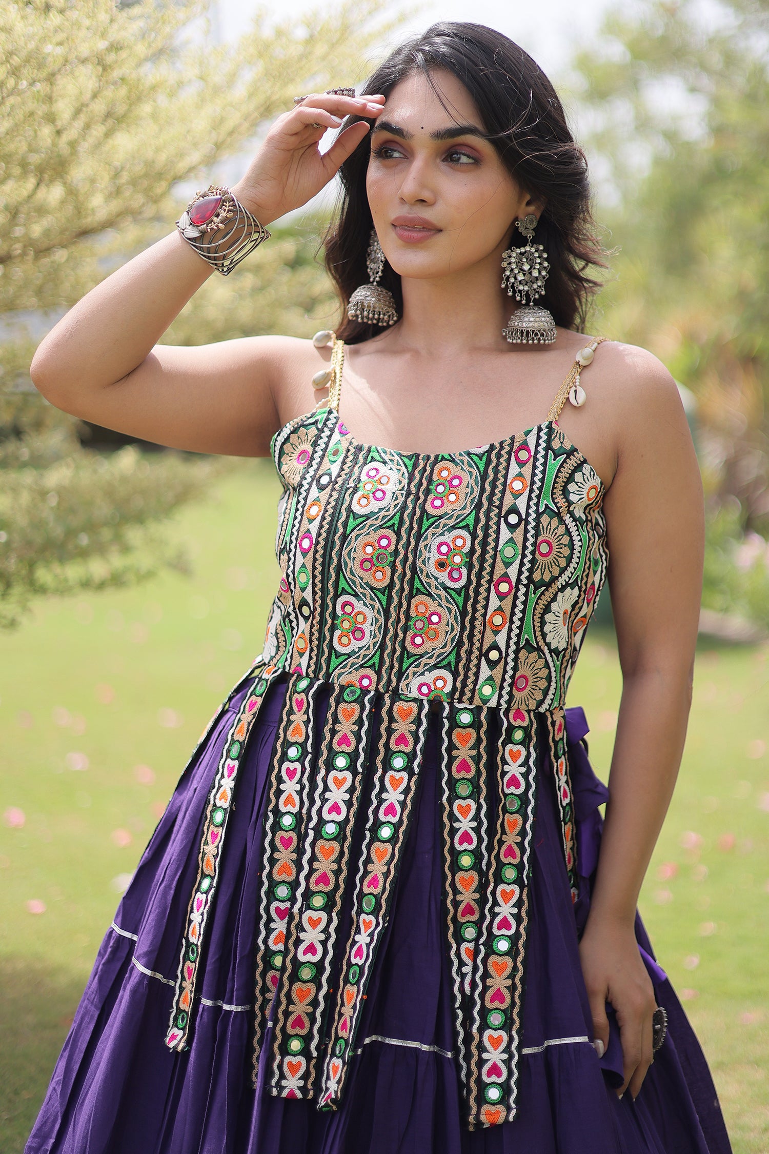 Purple Art Silk Chaniya Choli with Kachchi Mirror Work