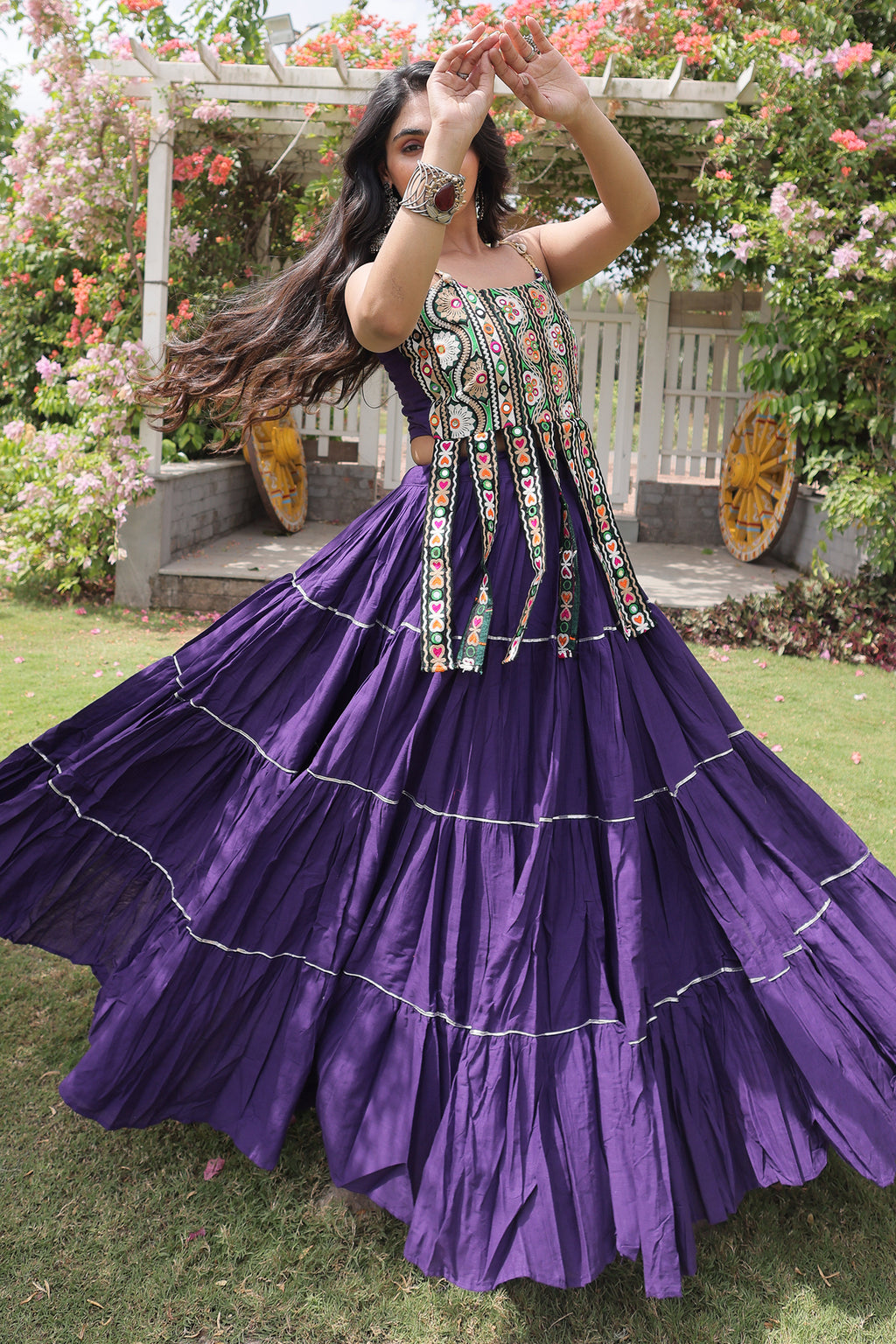 Purple Art Silk Chaniya Choli with Kachchi Mirror Work