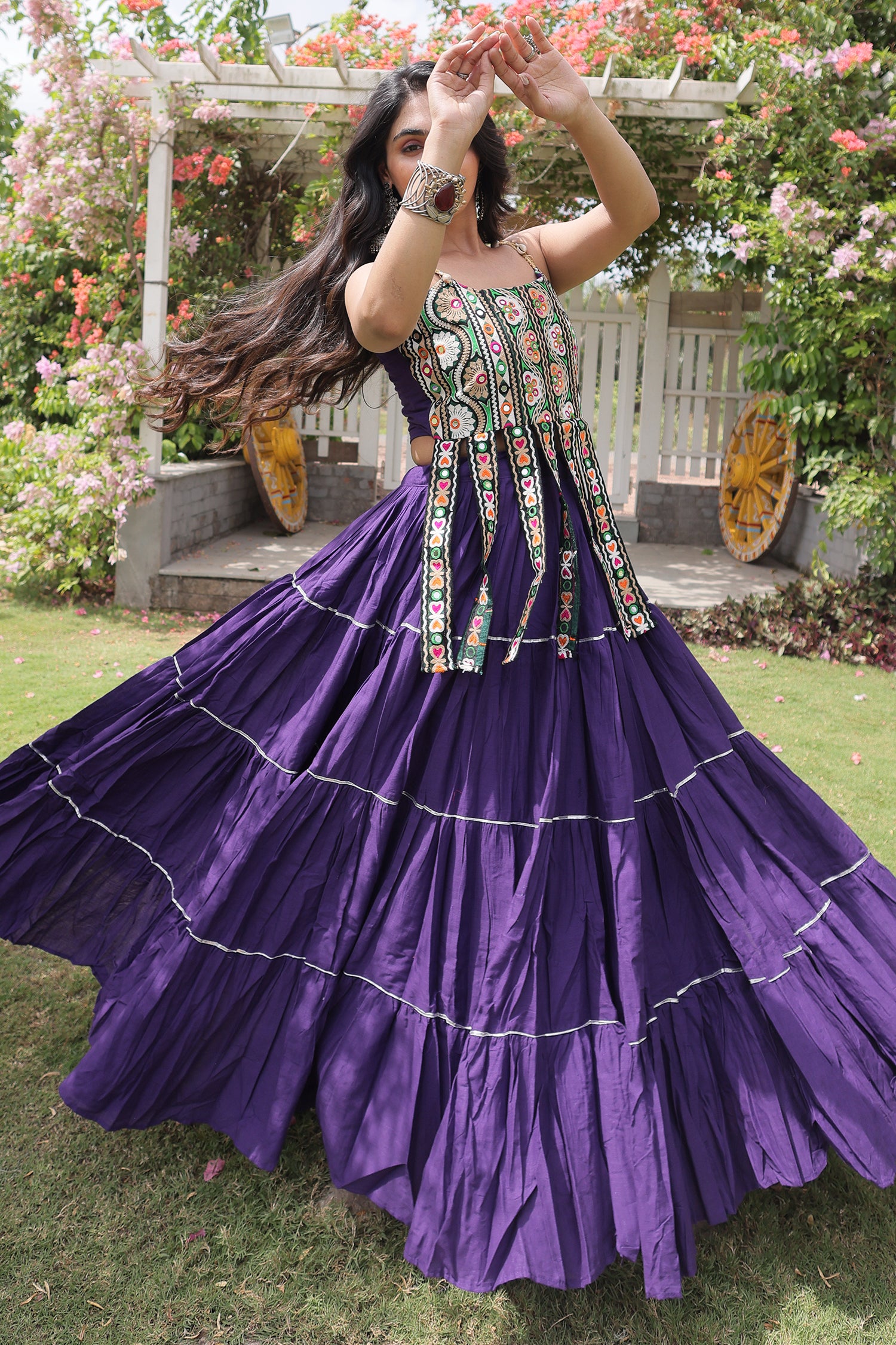 Purple Art Silk Chaniya Choli with Kachchi Mirror Work