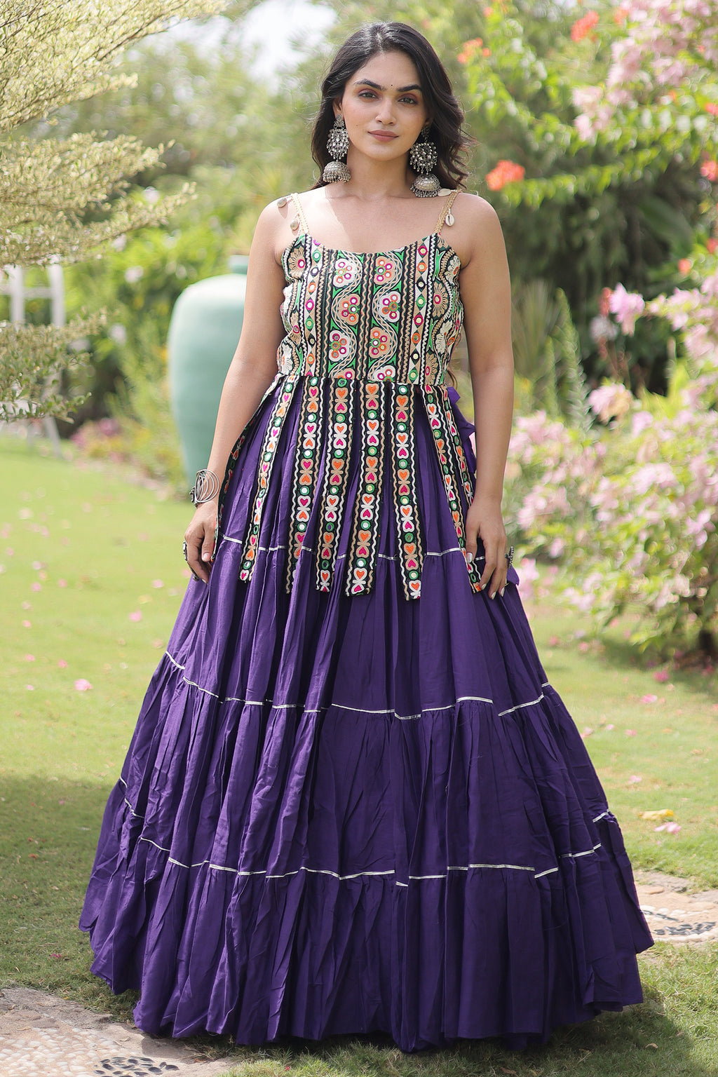 Purple Art Silk Chaniya Choli with Kachchi Mirror Work