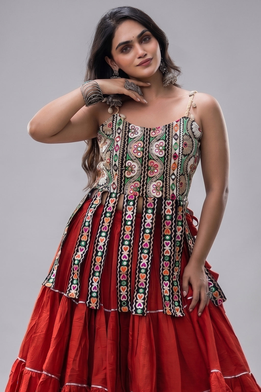 Orange Art Silk Chaniya Choli with Kachchi Mirror Work