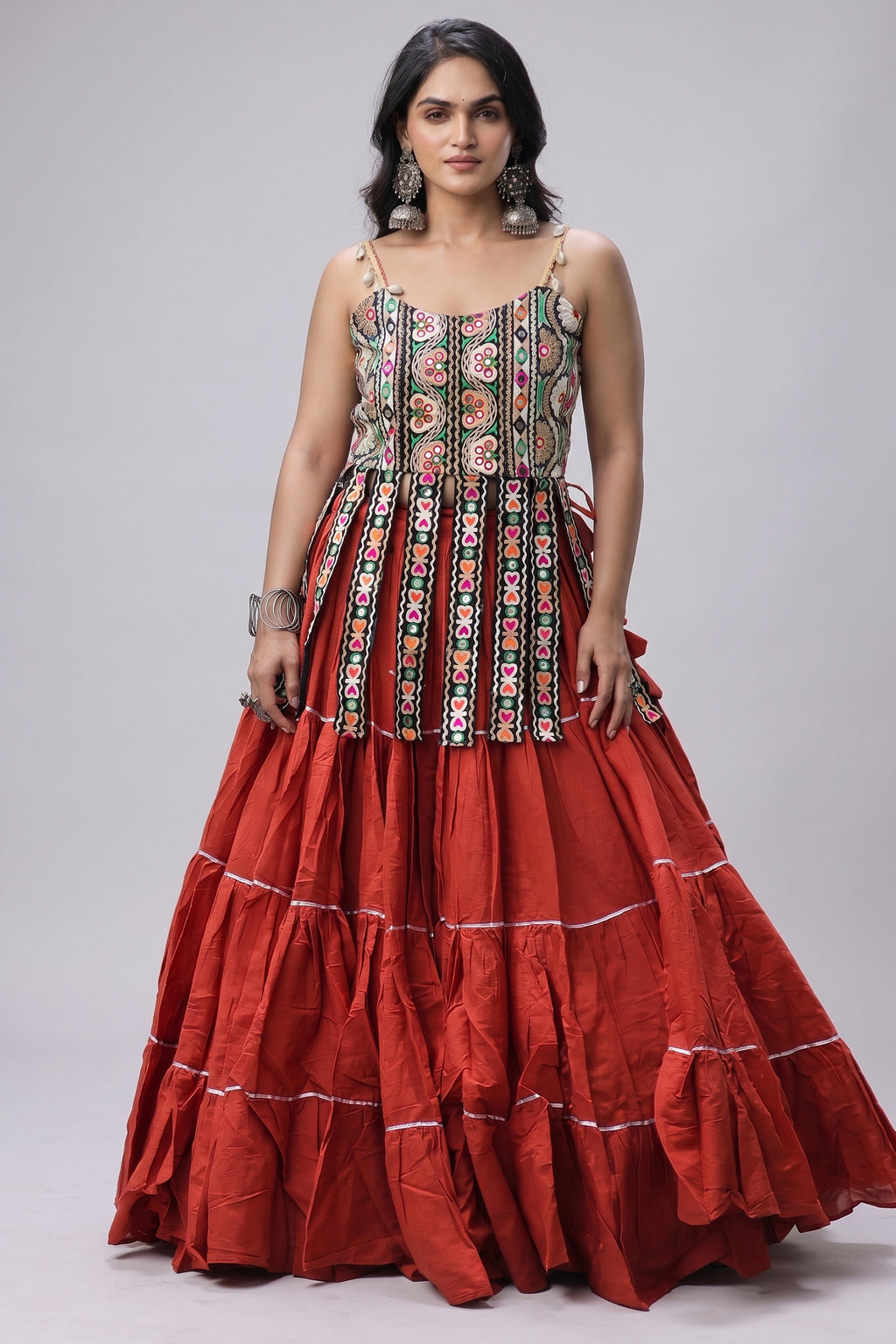 Orange Art Silk Chaniya Choli with Kachchi Mirror Work