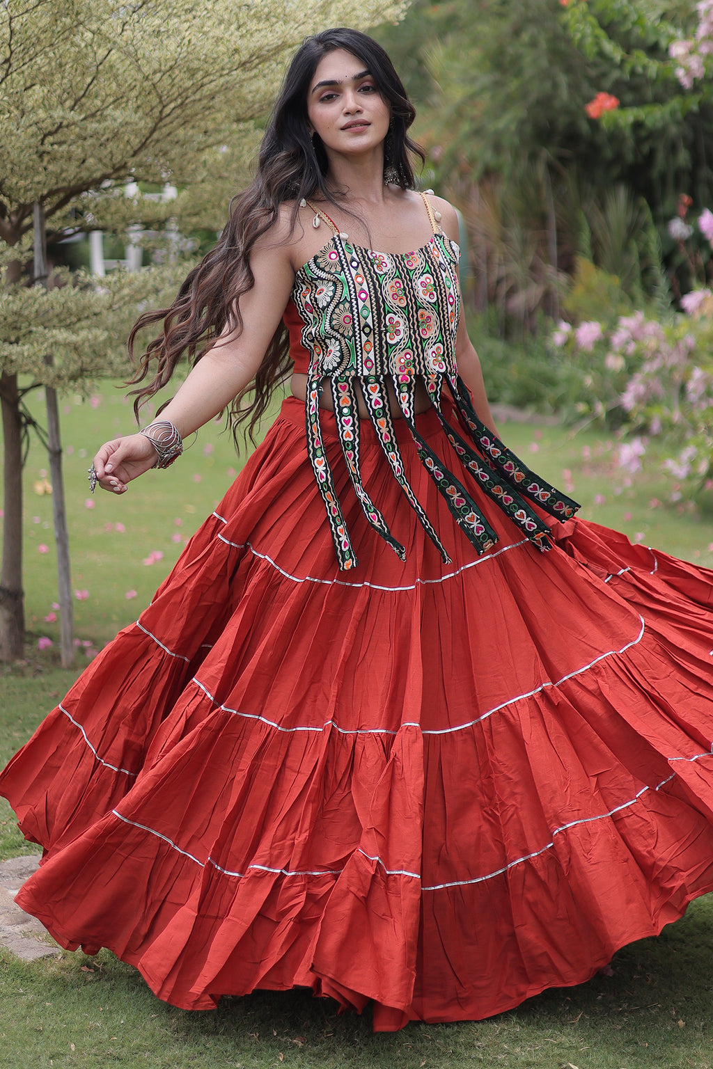 Orange Art Silk Chaniya Choli with Kachchi Mirror Work