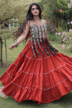 Orange Art Silk Chaniya Choli with Kachchi Mirror Work