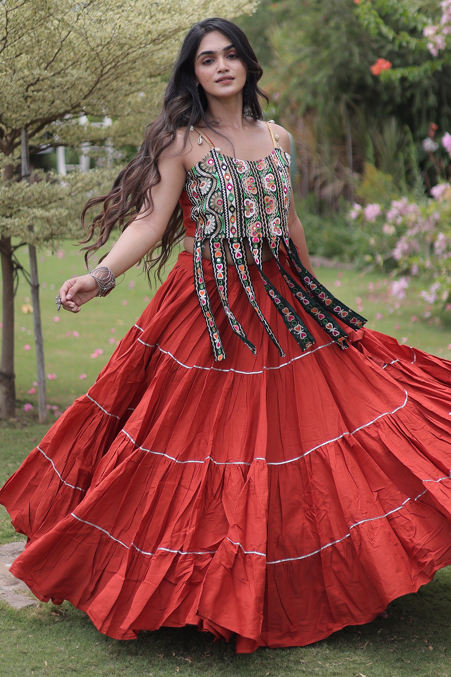 Orange Art Silk Chaniya Choli with Kachchi Mirror Work