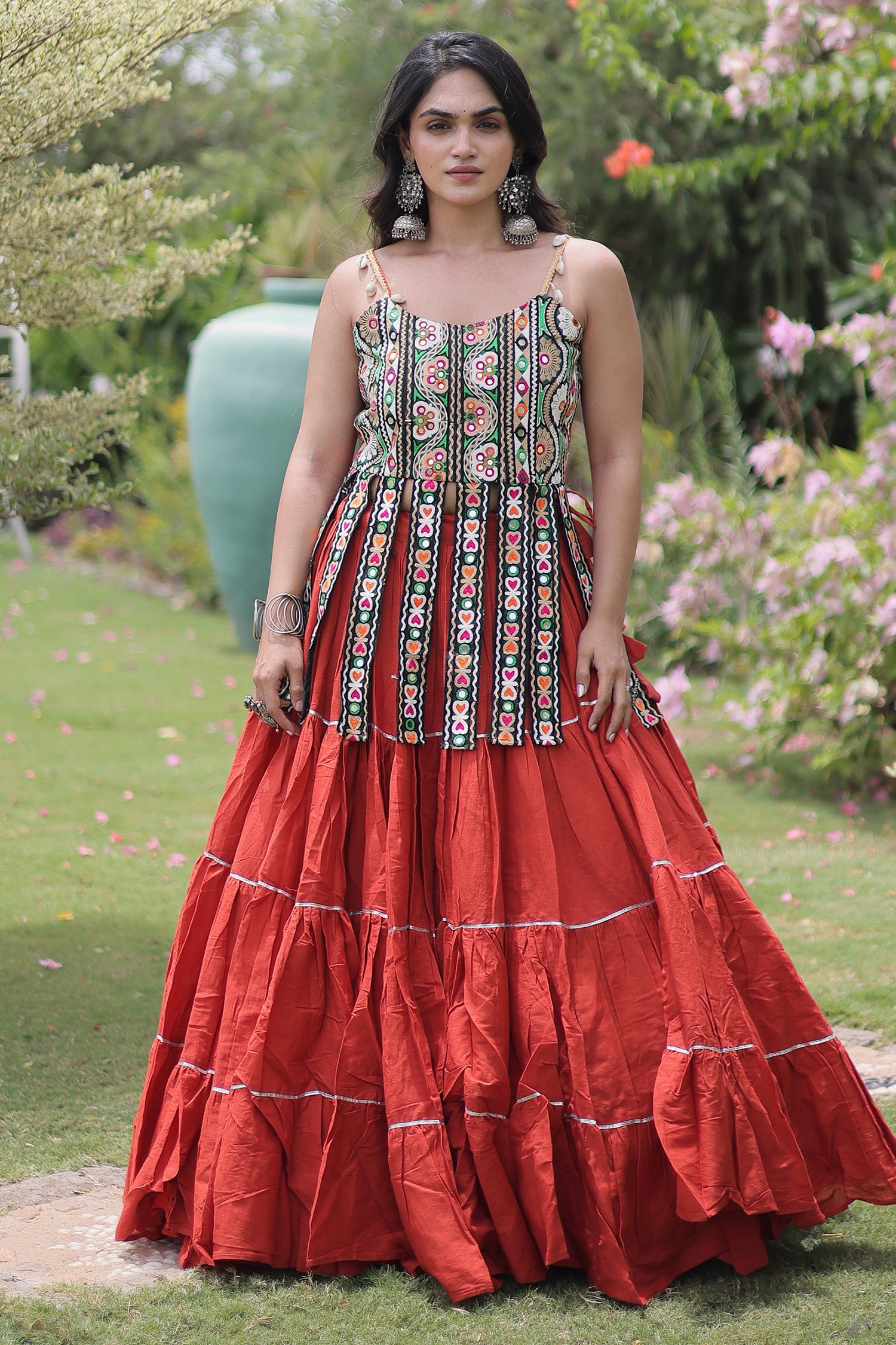 Orange Art Silk Chaniya Choli with Kachchi Mirror Work
