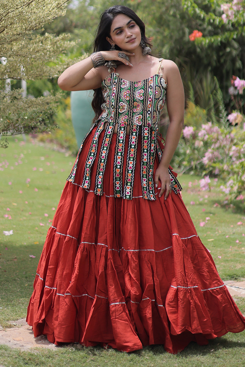 Orange Art Silk Chaniya Choli with Kachchi Mirror Work