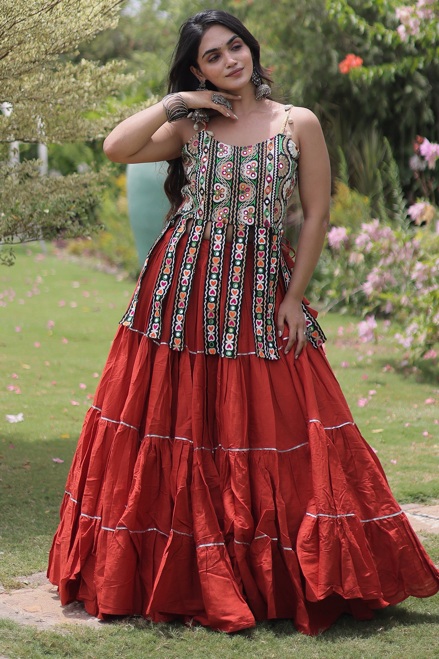 Orange Art Silk Chaniya Choli with Kachchi Mirror Work