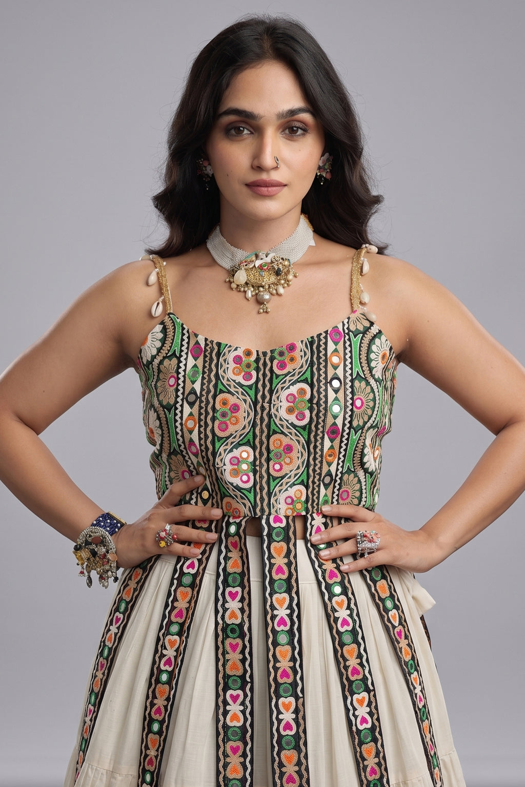 White Art Silk Chaniya Choli with Kachchi Mirror Work