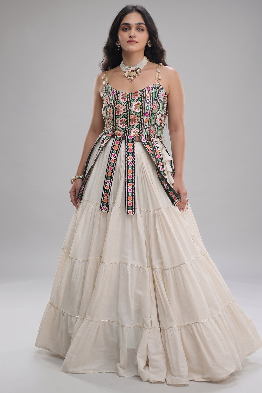White Art Silk Chaniya Choli with Kachchi Mirror Work