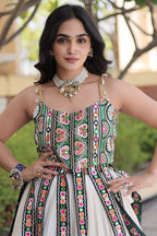 White Art Silk Chaniya Choli with Kachchi Mirror Work