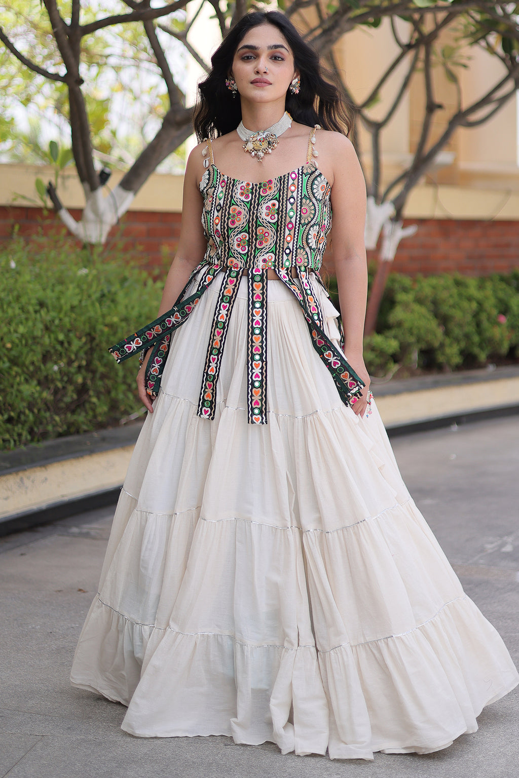 White Art Silk Chaniya Choli with Kachchi Mirror Work