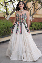 White Art Silk Chaniya Choli with Kachchi Mirror Work