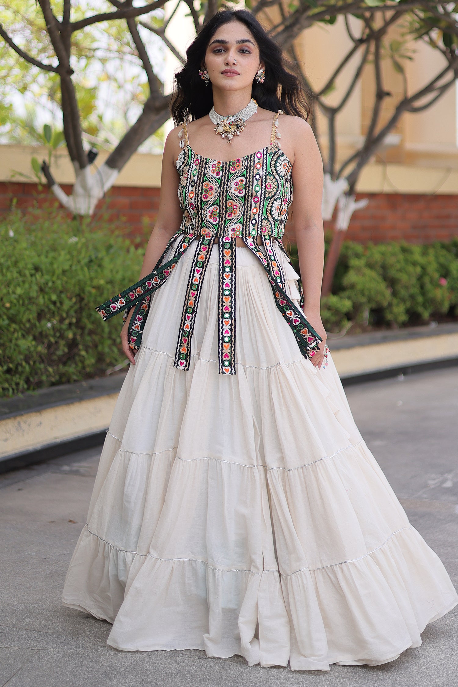 White Art Silk Chaniya Choli with Kachchi Mirror Work