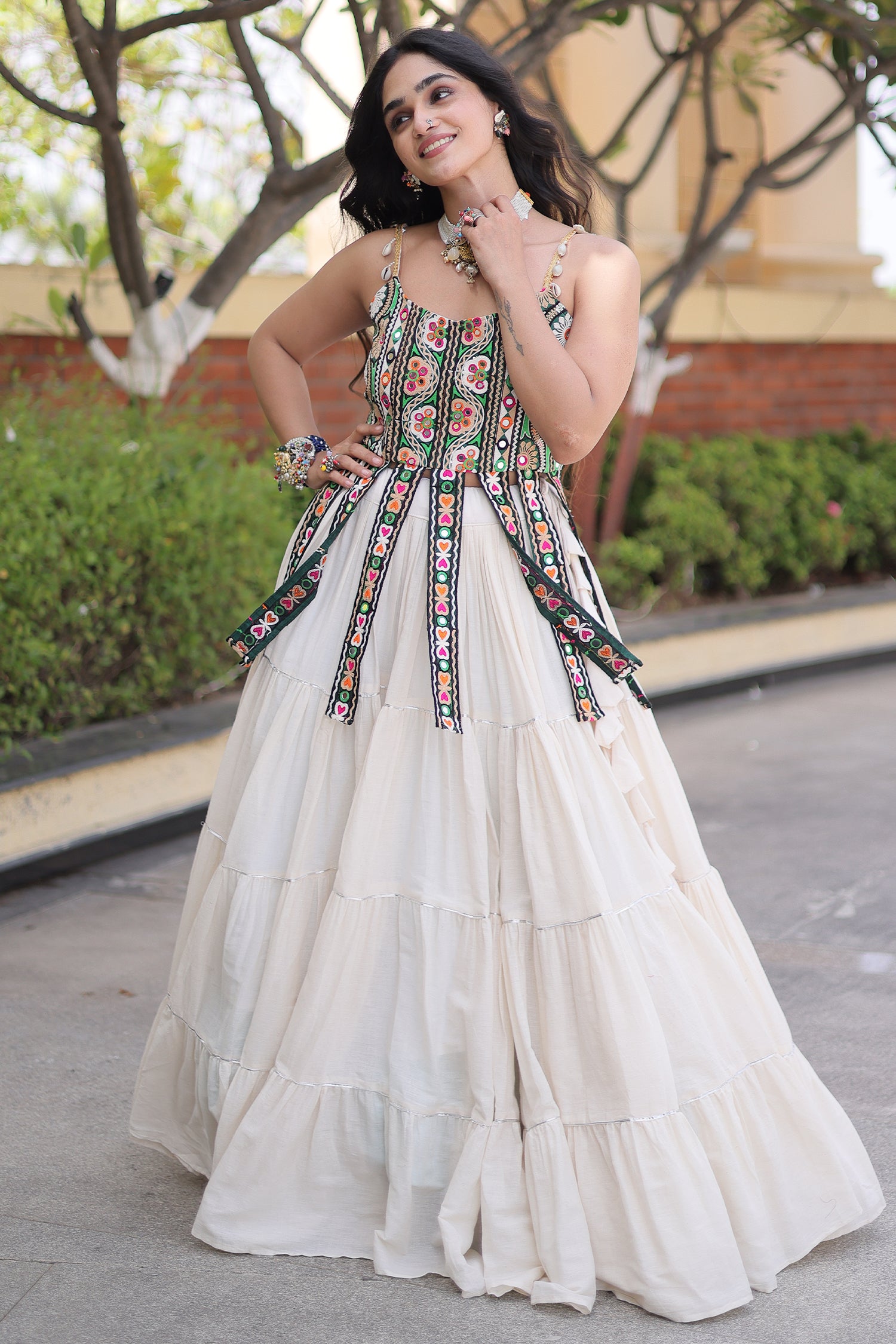 White Art Silk Chaniya Choli with Kachchi Mirror Work