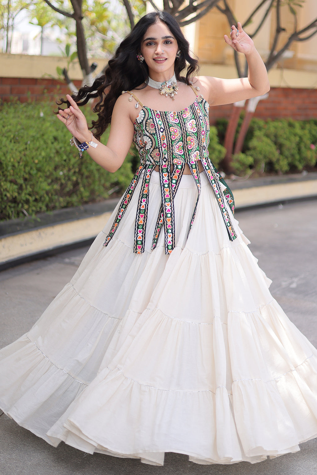 White Art Silk Chaniya Choli with Kachchi Mirror Work