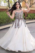 White Art Silk Chaniya Choli with Kachchi Mirror Work