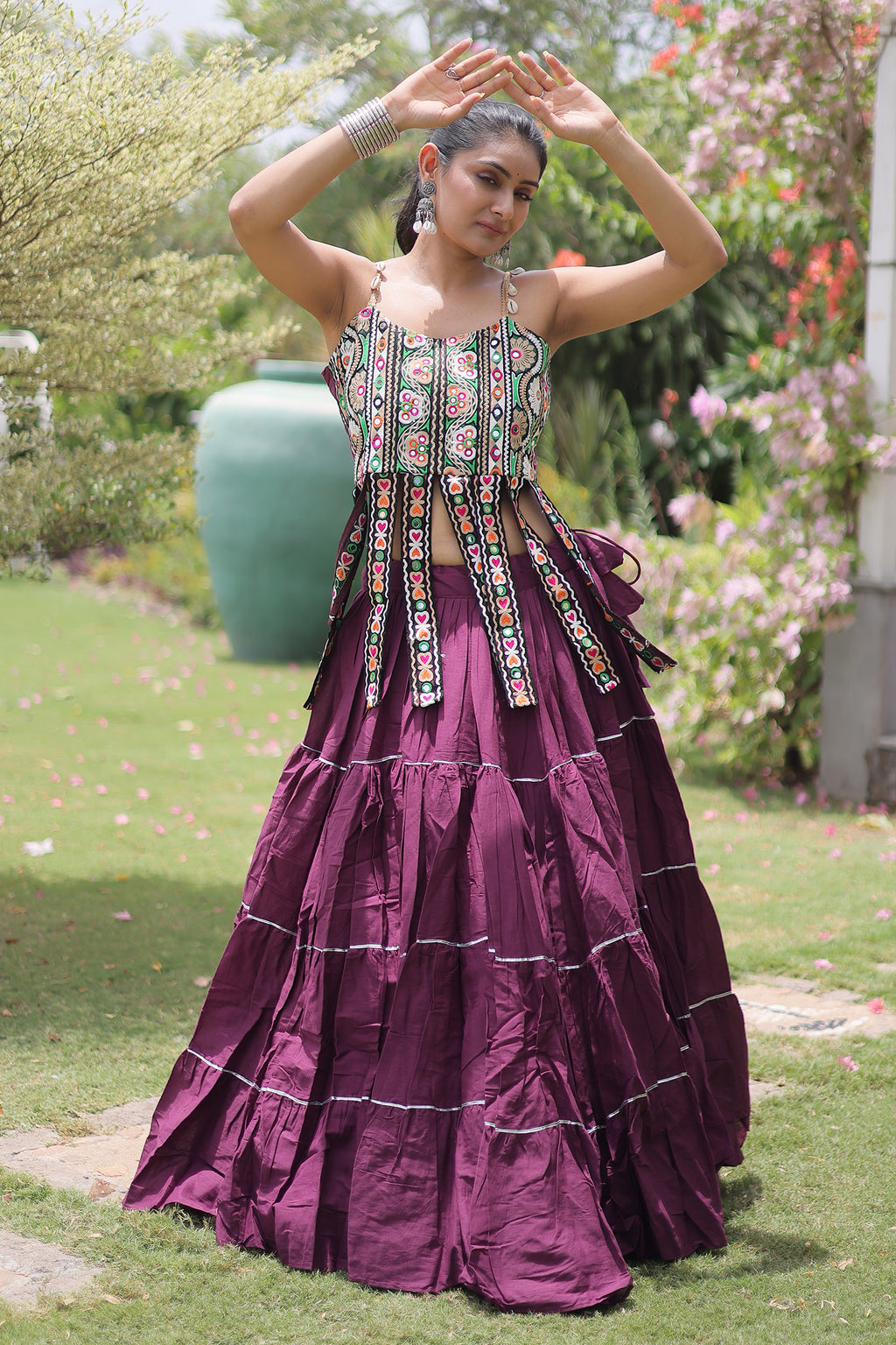 Purple Art Silk Chaniya Choli with Kachchi Mirror Work