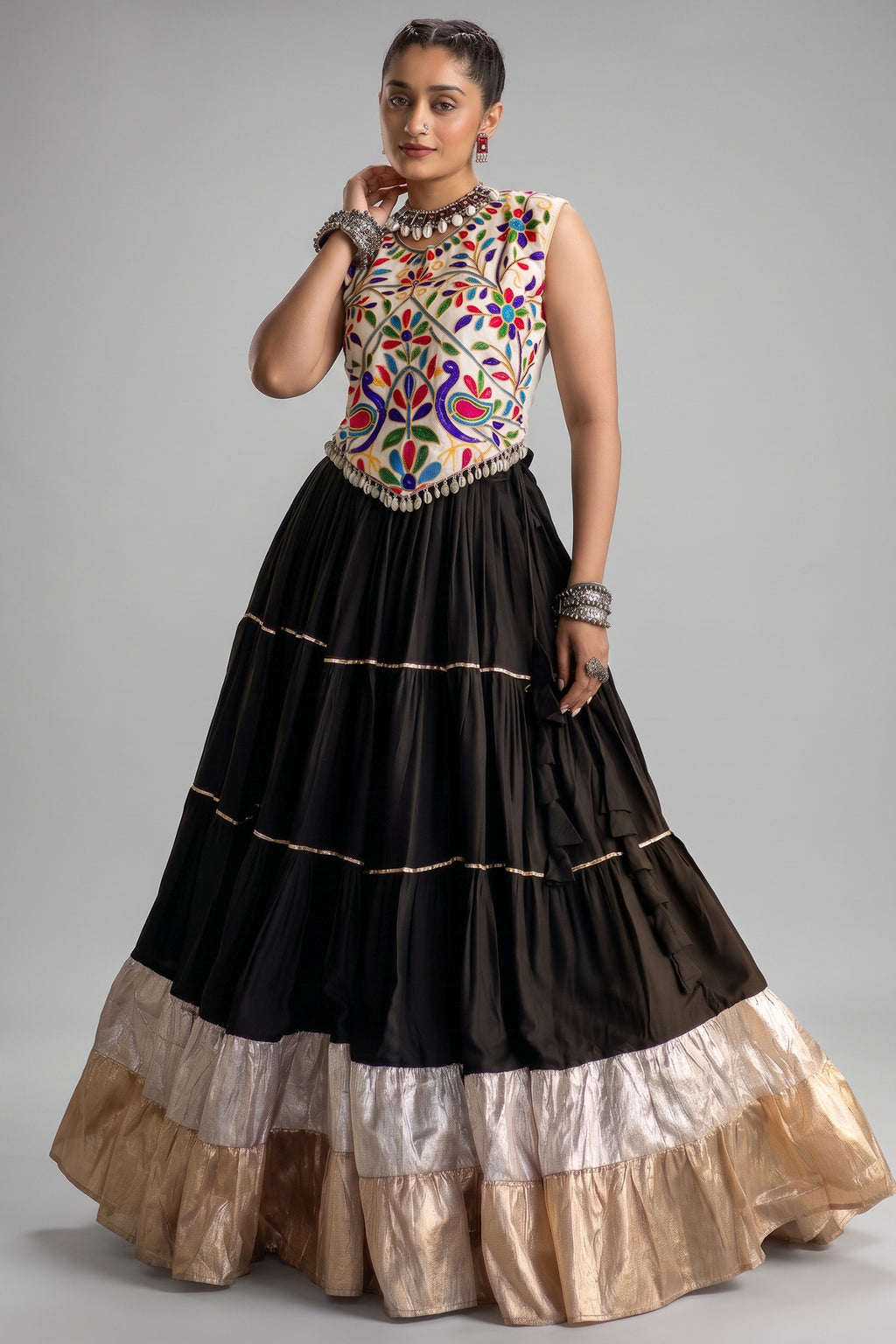 Black Cotton Kachchi Worked Flared Chaniya Choli