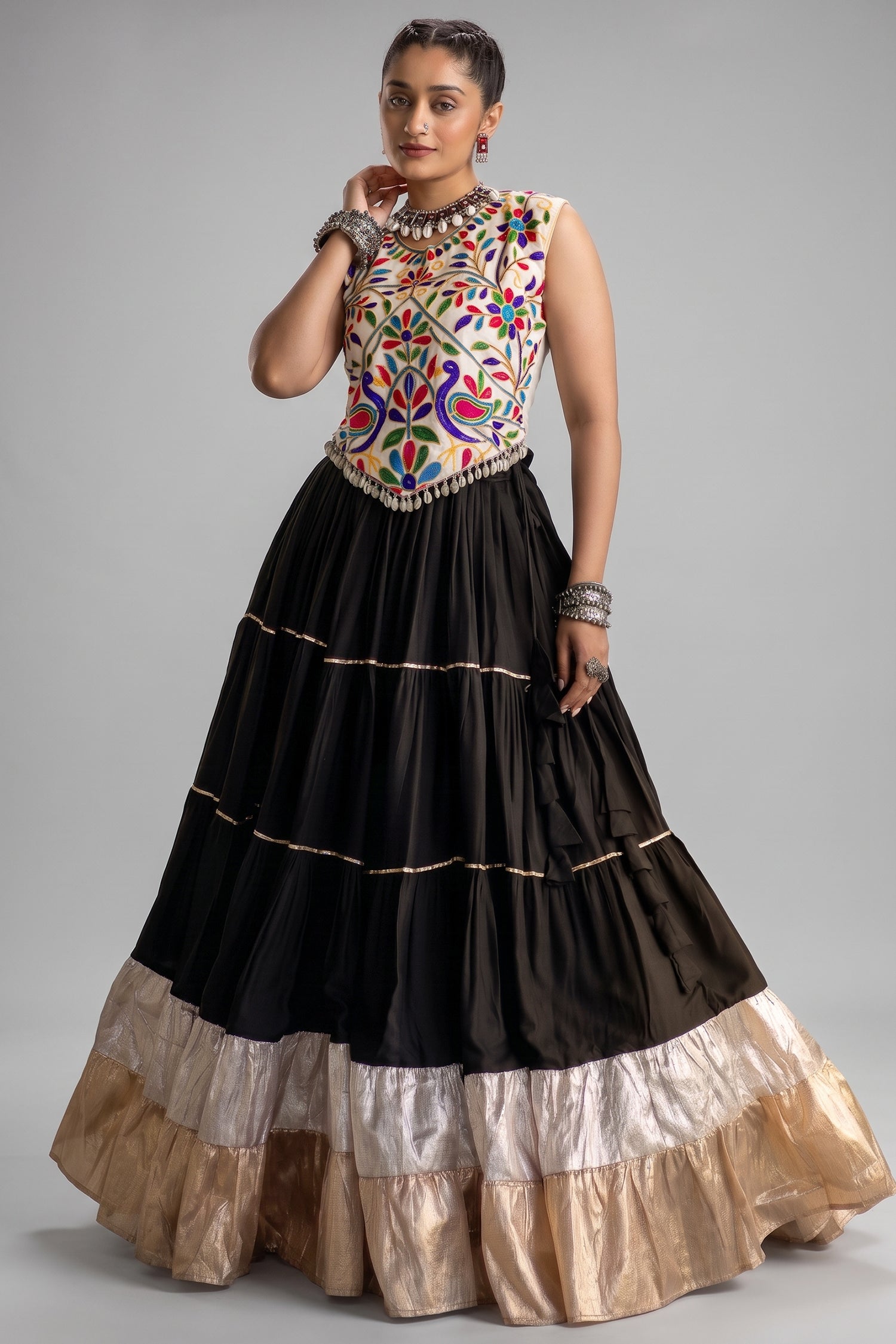 Black Cotton Kachchi Worked Flared Chaniya Choli