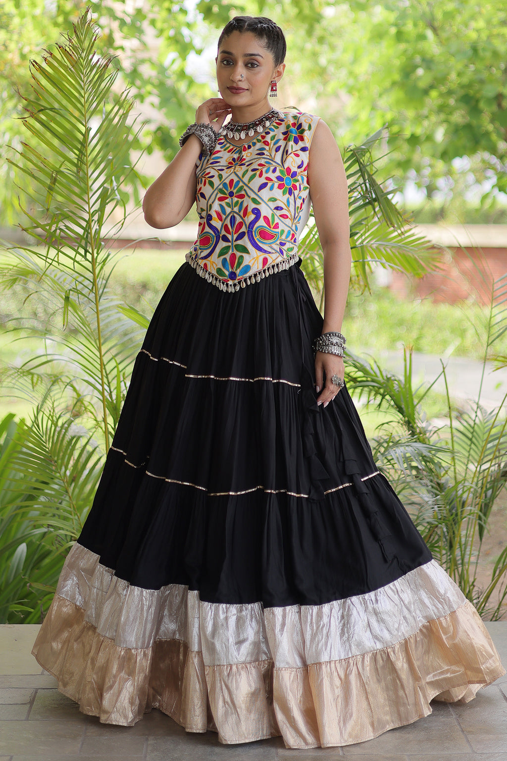 Black Cotton Kachchi Worked Flared Chaniya Choli