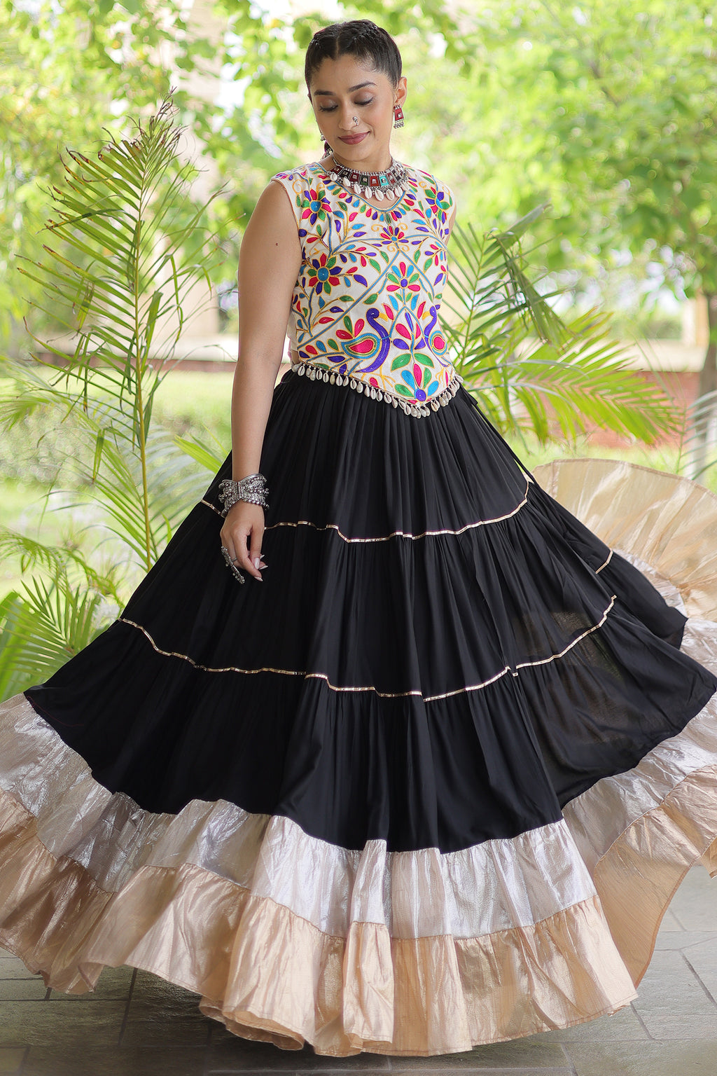 Black Cotton Kachchi Worked Flared Chaniya Choli