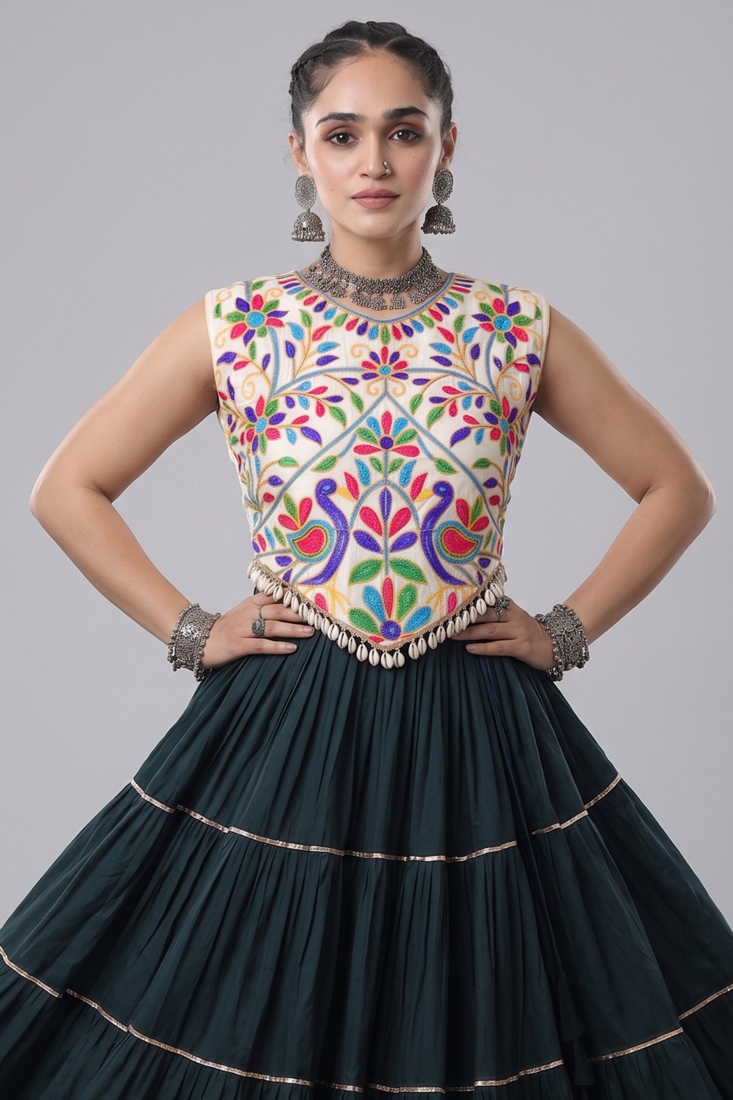Green Cotton Kachchi Worked Flared Chaniya Choli Secondary image
