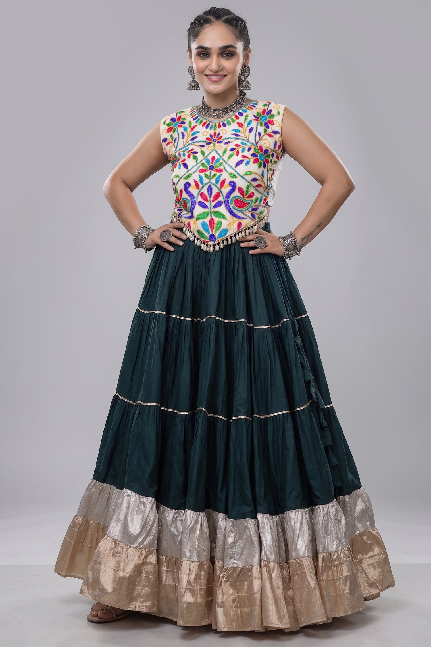 Green Cotton Kachchi Worked Flared Chaniya Choli Main image