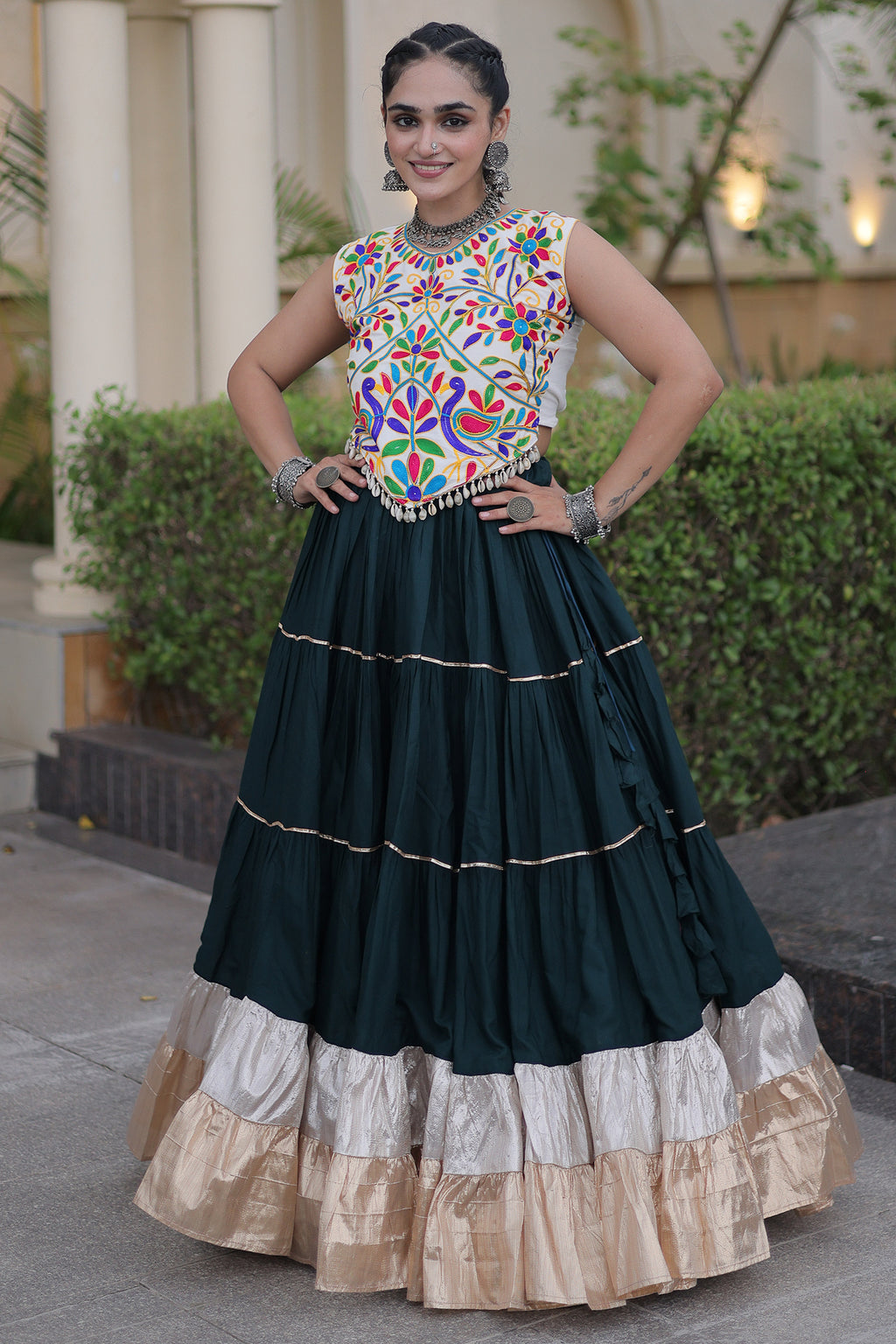 Green Cotton Kachchi Worked Flared Chaniya Choli