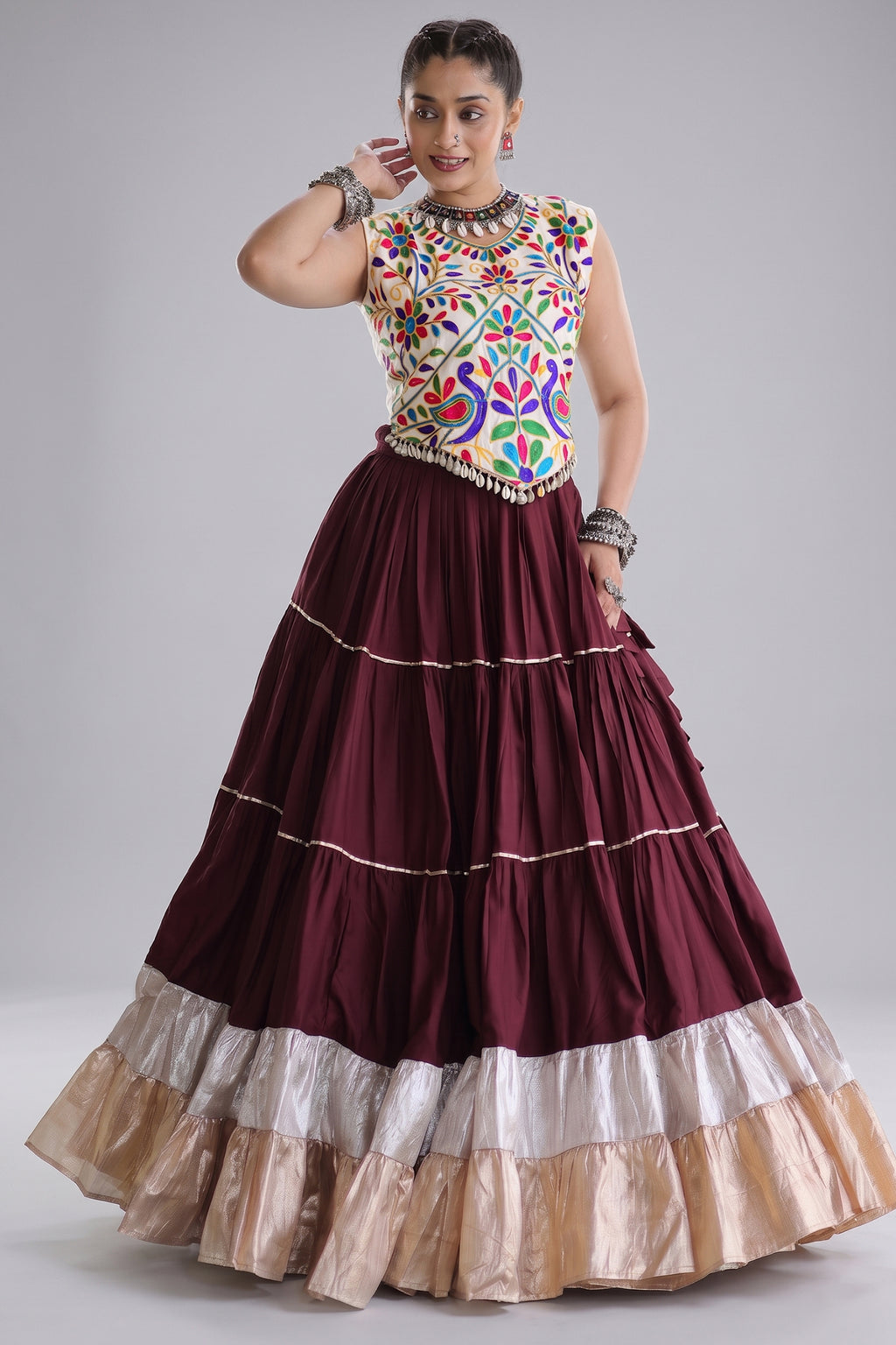 Brown Cotton Kachchi Worked Flared Chaniya Choli
