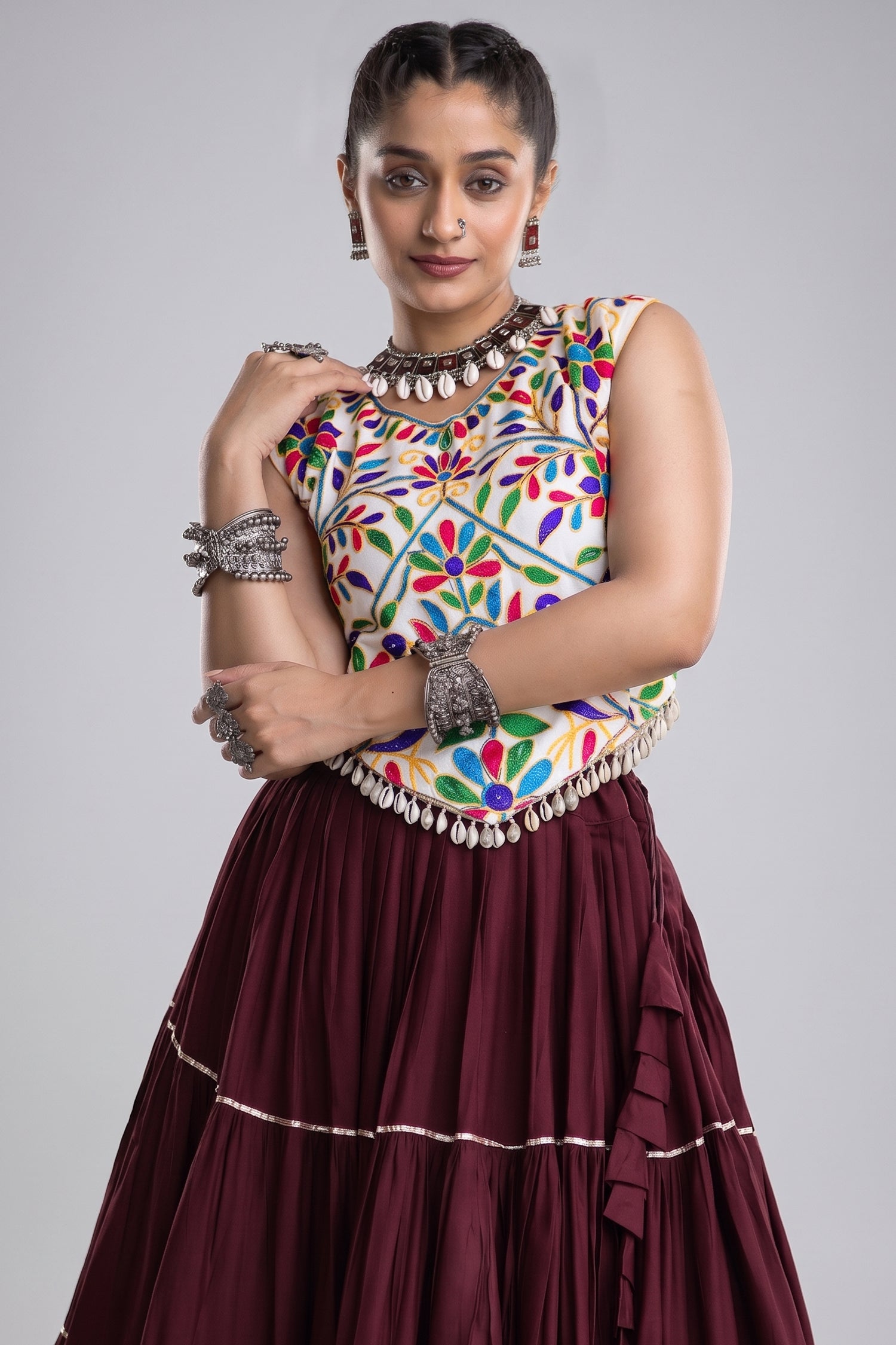 Brown Cotton Kachchi Worked Flared Chaniya Choli