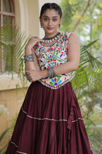 Brown Cotton Kachchi Worked Flared Chaniya Choli