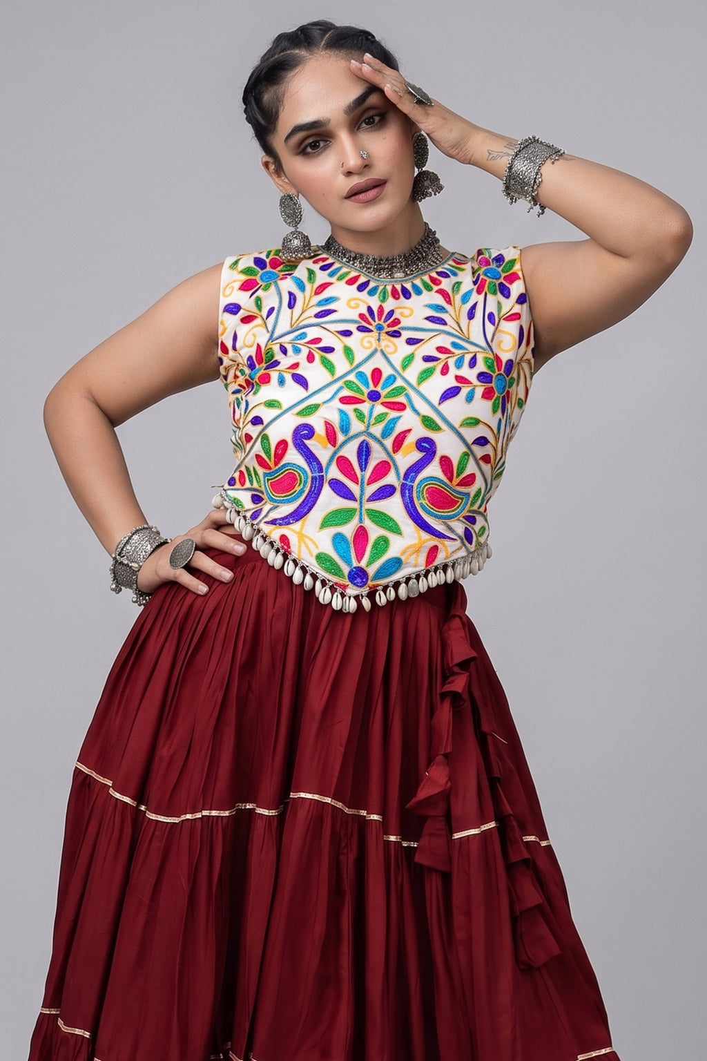 Maroon Cotton Kachchi Worked Flared Chaniya Choli