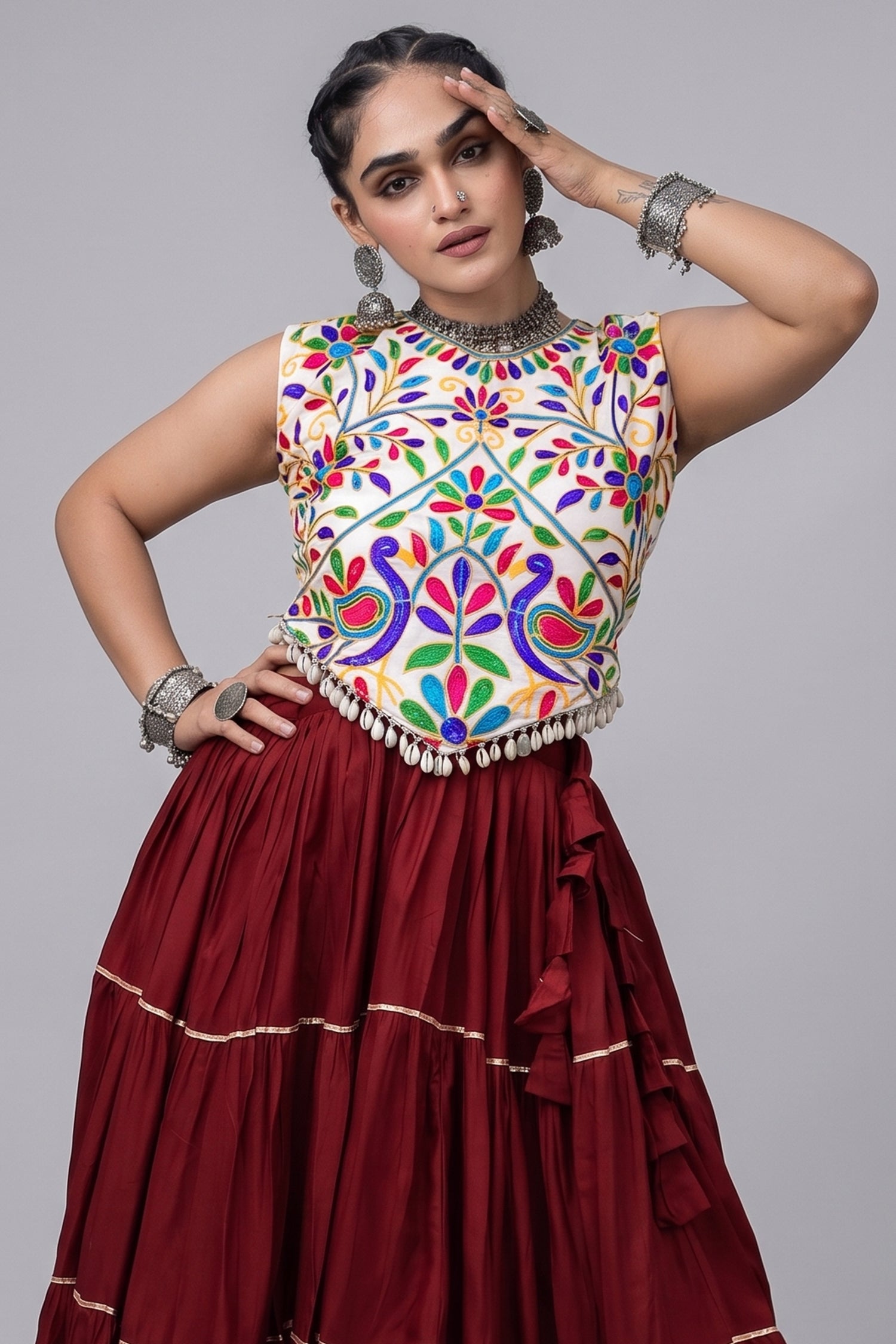 Maroon Cotton Kachchi Worked Flared Chaniya Choli