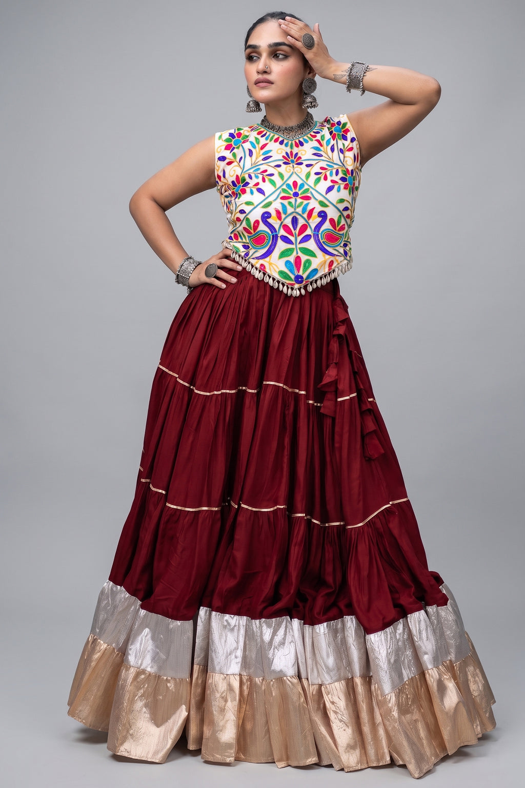 Maroon Cotton Kachchi Worked Flared Chaniya Choli