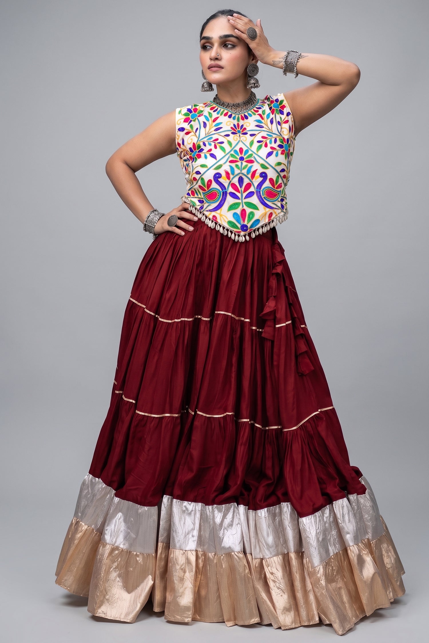 Maroon Cotton Kachchi Worked Flared Chaniya Choli