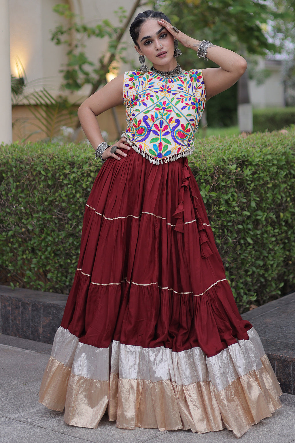 Maroon Cotton Kachchi Worked Flared Chaniya Choli