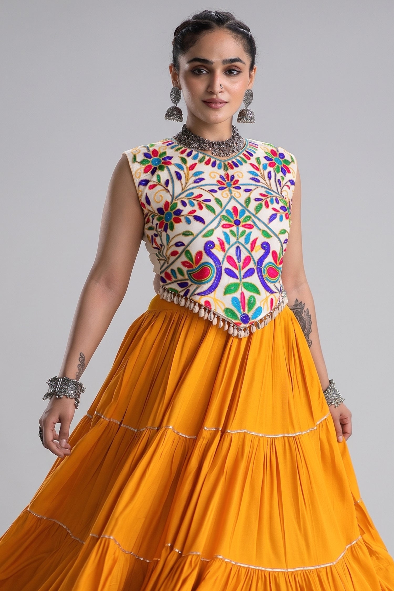 Mustard Cotton Kachchi Worked Flared Chaniya Choli