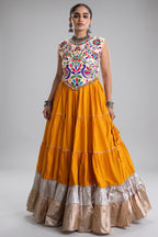 Mustard Cotton Kachchi Worked Flared Chaniya Choli