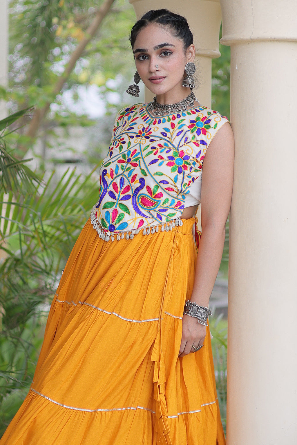 Mustard Cotton Kachchi Worked Flared Chaniya Choli